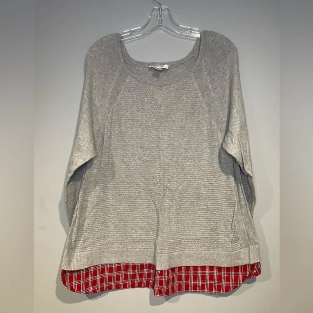 Christopher & Banks Grey Sweater Red plaid Holiday 100% Cotton Stretch Size XL